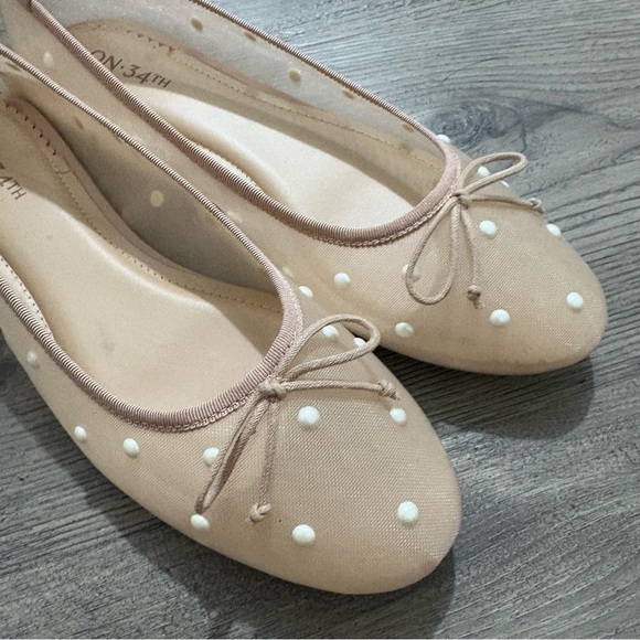 OFF 34th Friyaa Mesh Ballet Pearl Studded Beige Pink Sz 7.5 Classic - Picture 7 of 9